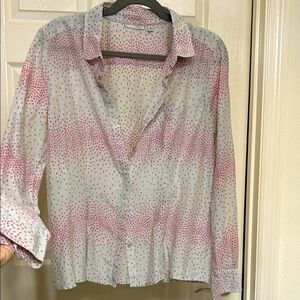 Halogen Button Down Shirt Gray with Pink Design Soft Lightweight Silk Cotton